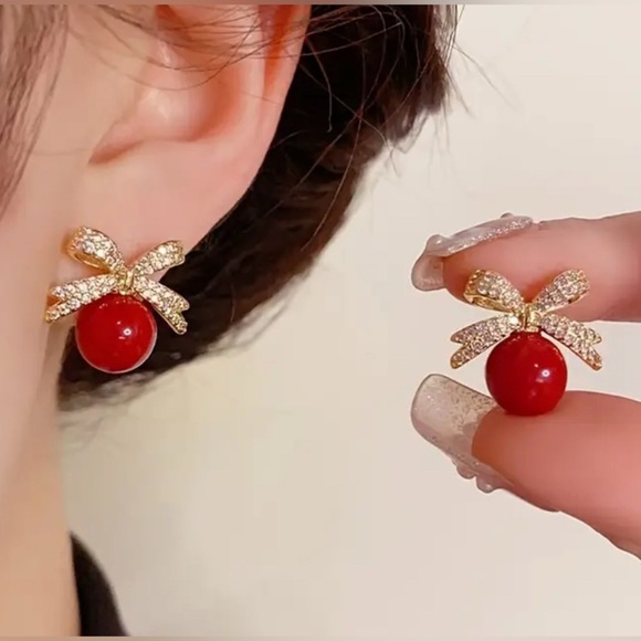 💜3/$30 Elegant Red and Gold Bow Earrings - Picture 2 of 4
